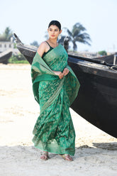 'Zaroka' Muted Teal Green Pure Resham Cotton Banarasi Handloom Saree